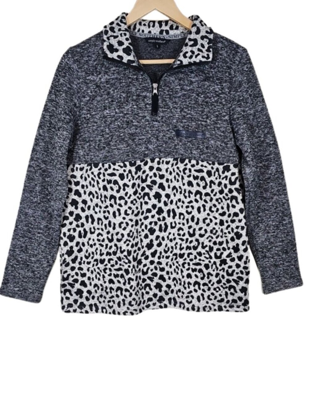 Simply Southern Color Block Leopard Print 1/4 Zip Pullover Gray L Fleece Preppy